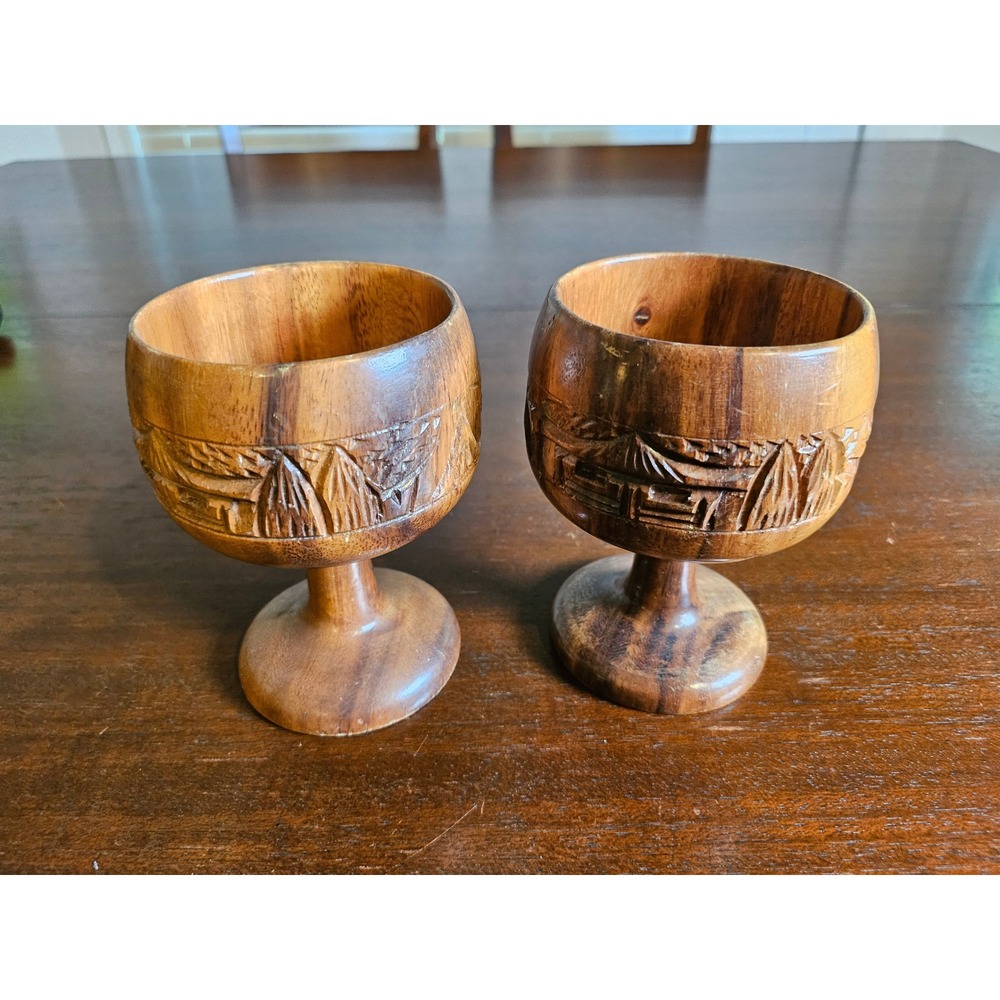 Hand Carved Wooden Goblets Adult OS Brown Tropical Village Chalice Set